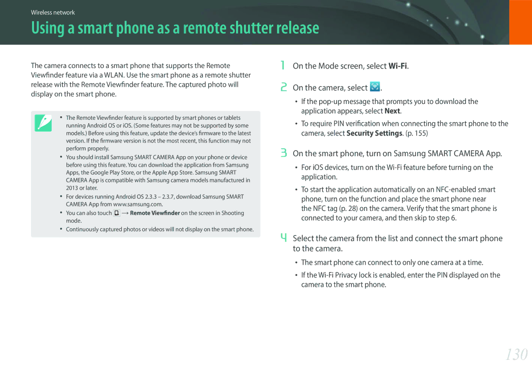 Samsung EV-NXF1ZZB1KIL, EV-NXF1ZZB1KFR, EV-NXF1ZZB2QFR, EV-NXF1ZZB1HFR Using a smart phone as a remote shutter release, 130 