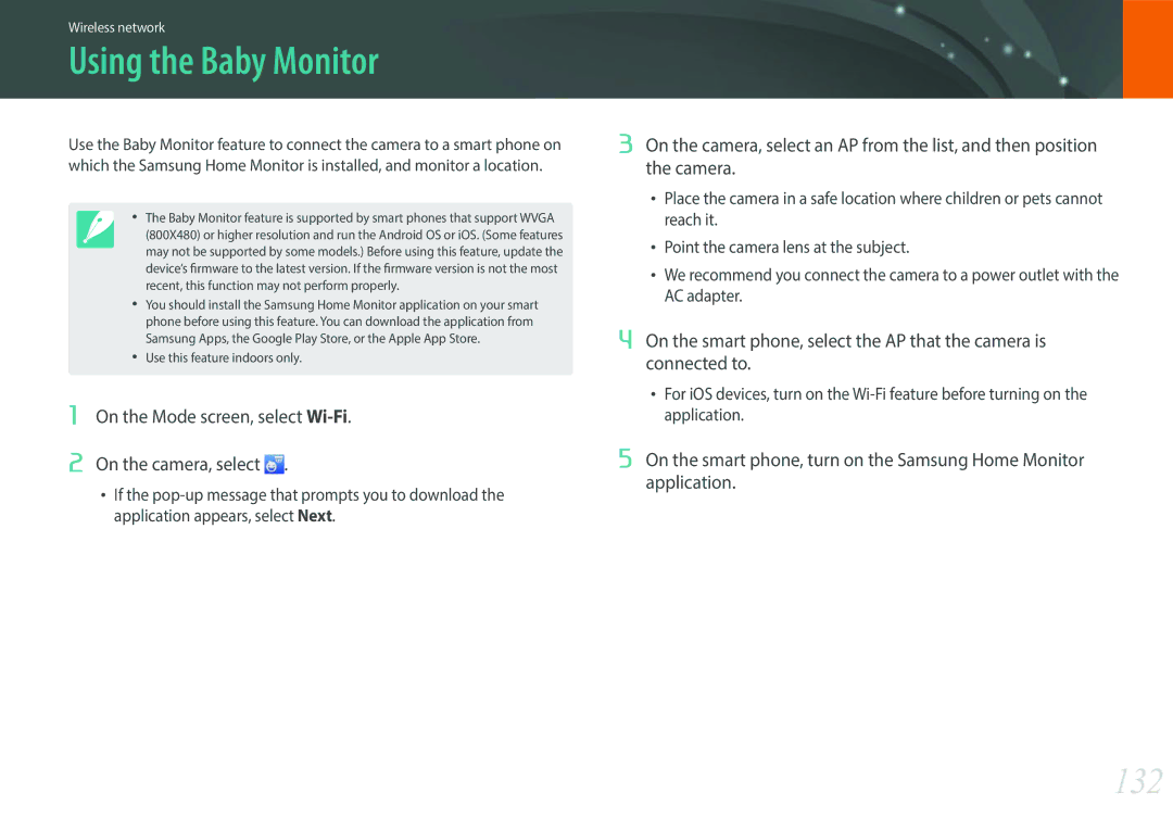 Samsung EV-NXF1ZZB1QIL, EV-NXF1ZZB1KFR, EV-NXF1ZZB2QFR, EV-NXF1ZZB1HFR, EV-NXF1ZZB2JDE manual Using the Baby Monitor, 132 