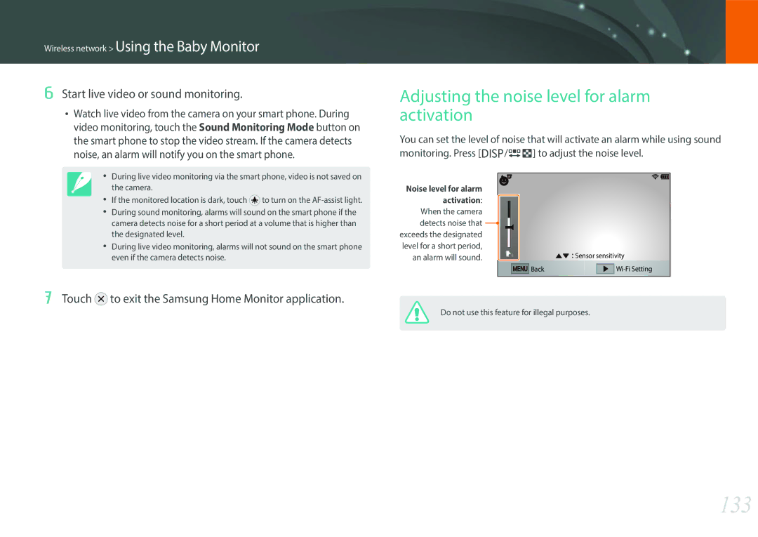 Samsung EV-NXF1ZZB2HIL manual 133, Adjusting the noise level for alarm activation, Start live video or sound monitoring 