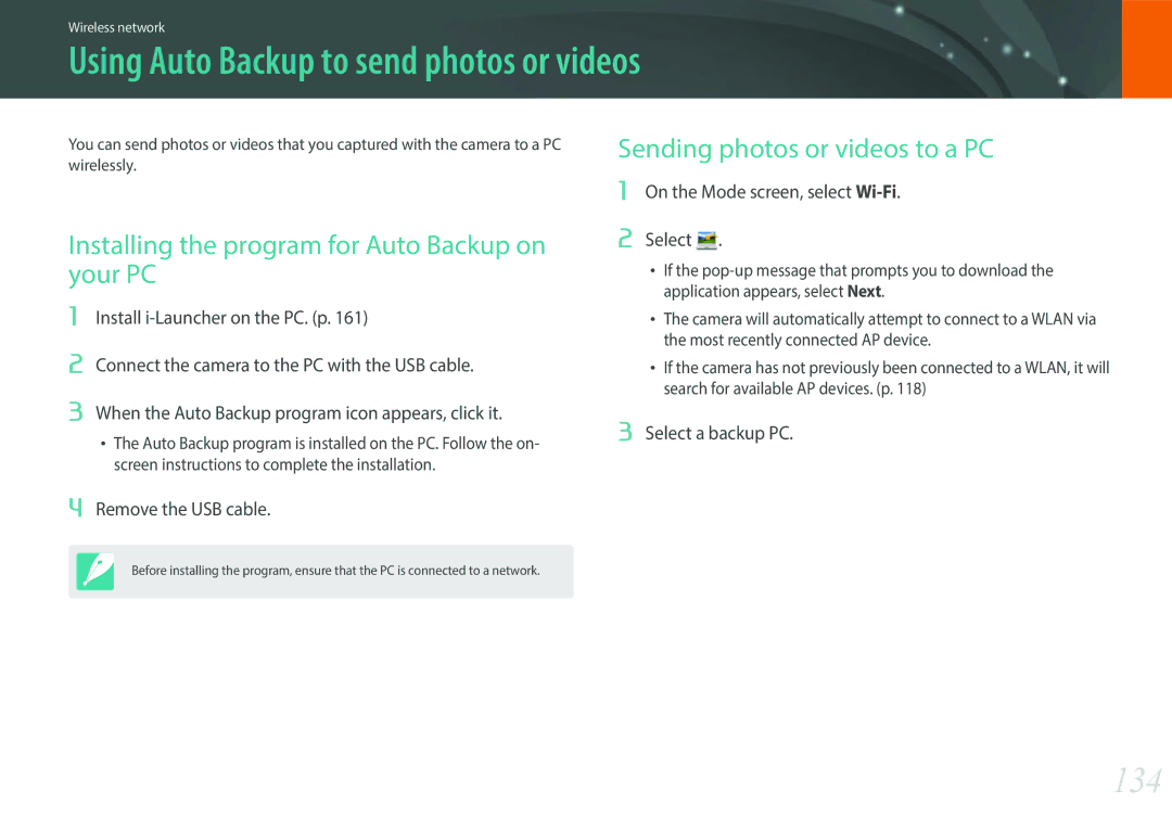 Samsung EV-NXF1ZZB1JIL Using Auto Backup to send photos or videos, 134, Installing the program for Auto Backup on your PC 
