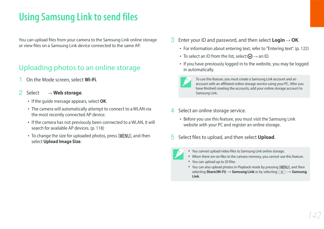 Samsung EV-NXF1ZZB4HDE 142, Uploading photos to an online storage, Enter your ID and password, and then select Login OK 