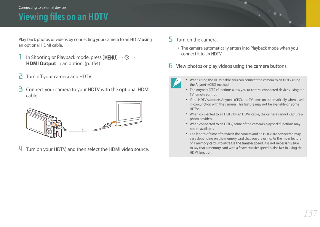 Samsung EV-NXF1ZZB3HDE, EV-NXF1ZZB1KFR Viewing files on an Hdtv, 157, View photos or play videos using the camera buttons 