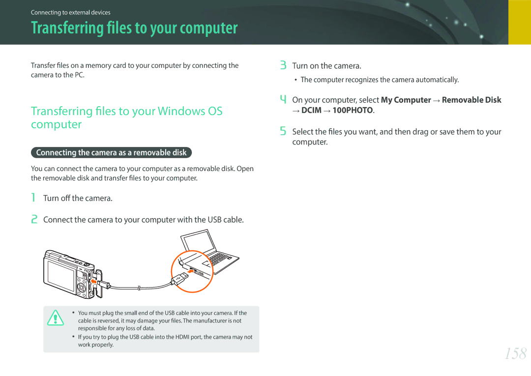 Samsung EV-NXF1ZZB2HHU 158, Transferring files to your Windows OS computer, Connecting the camera as a removable disk 