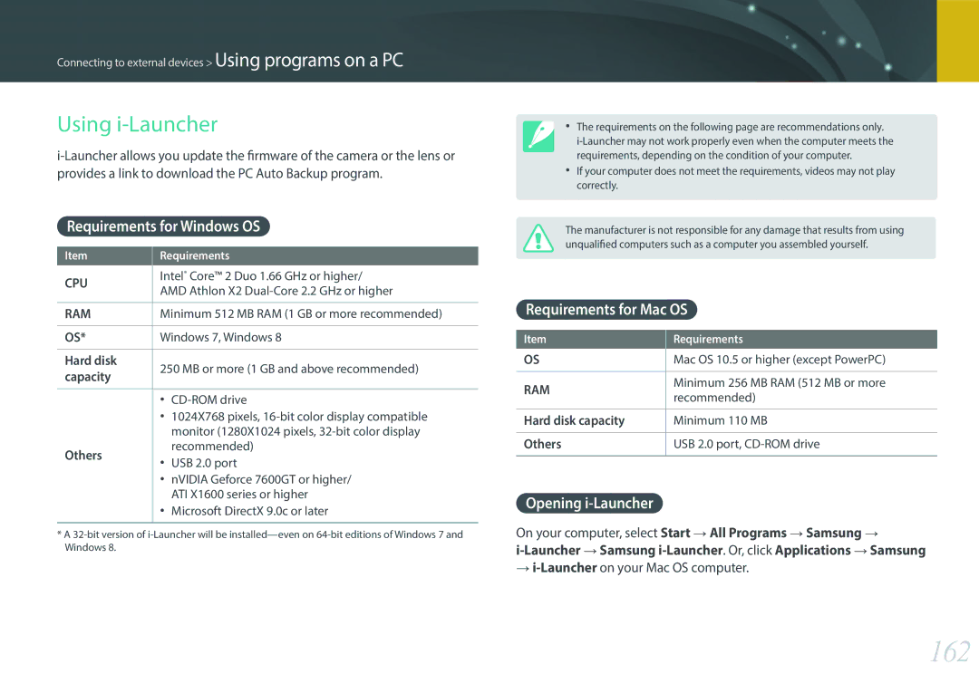 Samsung EV-NXF1ZZB2HFR, EV-NXF1ZZB1KFR manual Requirements for Windows OS, Requirements for Mac OS, Opening i-Launcher 