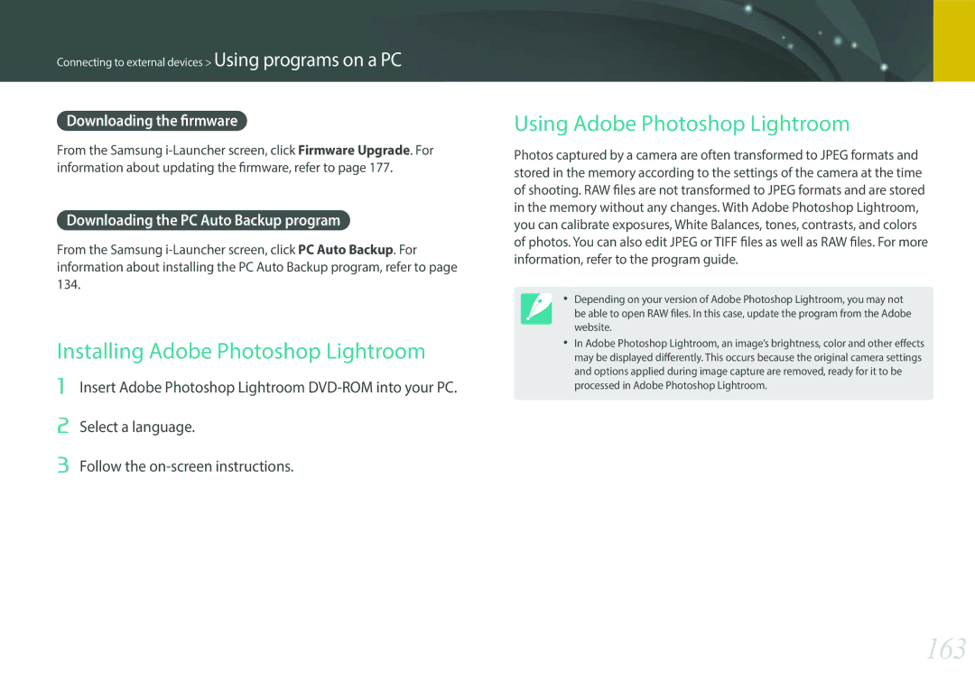 Samsung EV-NXF1ZZB1QFR, EV-NXF1ZZB1KFR manual 163, Installing Adobe Photoshop Lightroom, Using Adobe Photoshop Lightroom 