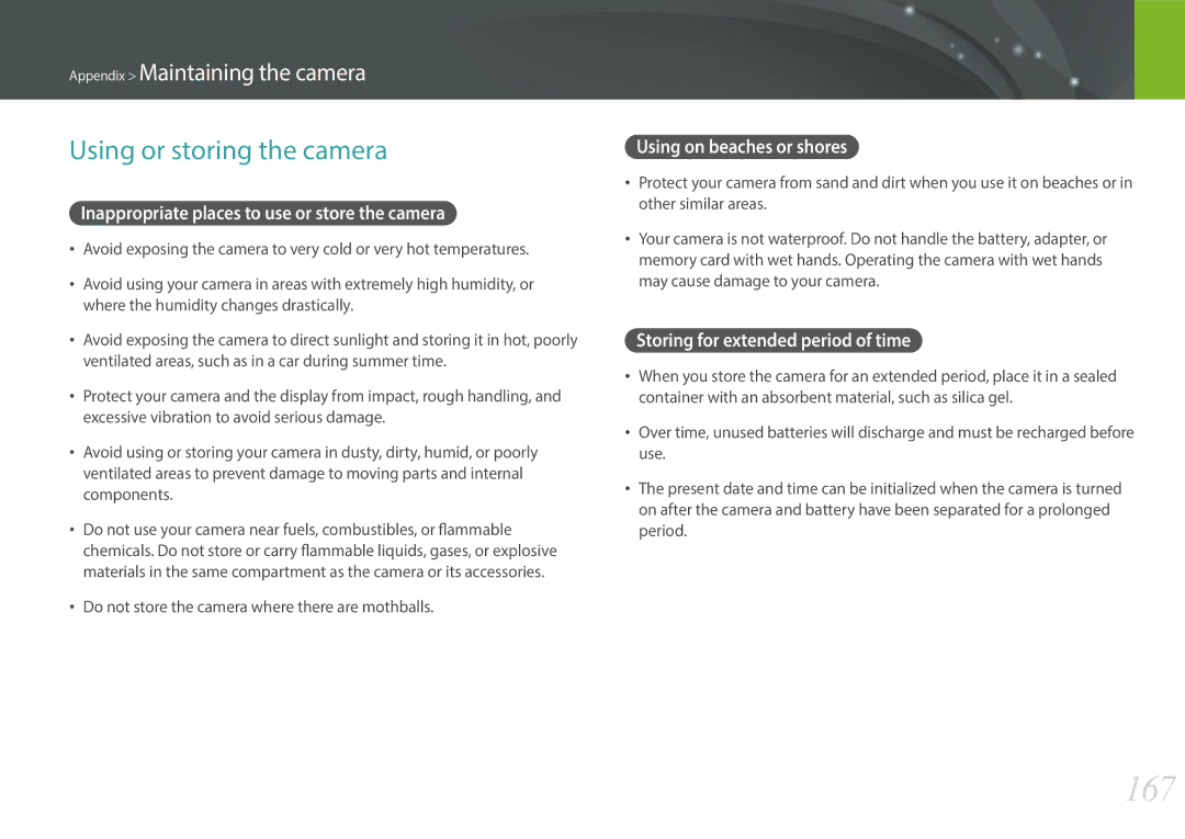 Samsung EV-NXF1ZZB1HES, EV-NXF1ZZB1KFR 167, Using or storing the camera, Inappropriate places to use or store the camera 