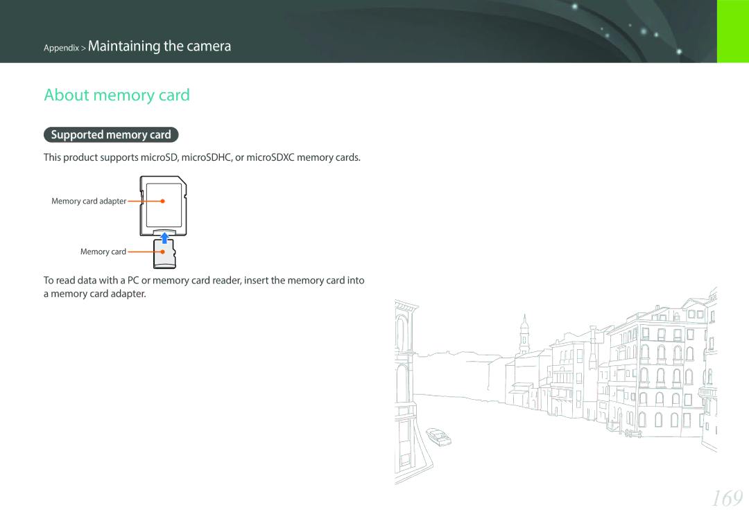 Samsung EV-NXF1ZZB1IJO, EV-NXF1ZZB1KFR, EV-NXF1ZZB2QFR, EV-NXF1ZZB1HFR manual 169, About memory card, Supported memory card 