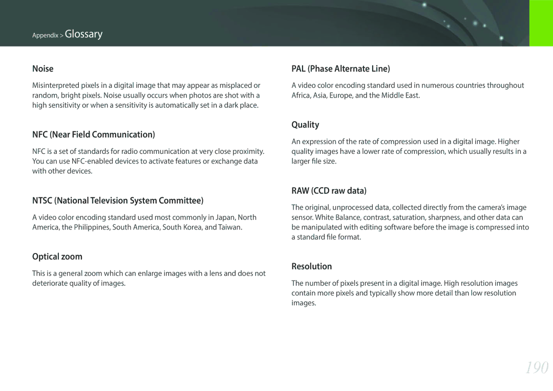 Samsung EV-NXF1ZZB2IM3, EV-NXF1ZZB1KFR, EV-NXF1ZZB2QFR, EV-NXF1ZZB1HFR, EV-NXF1ZZB2JDE, EV-NXF1ZZB1HDE manual 190, Noise 