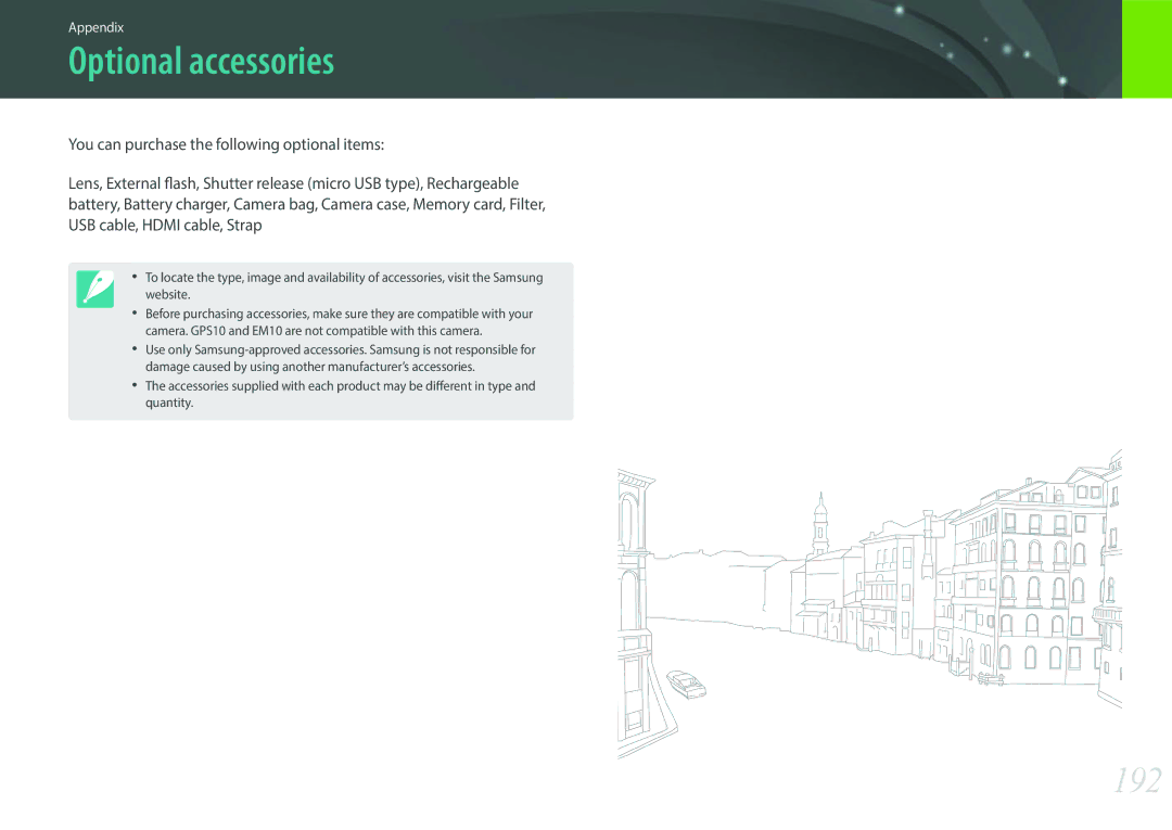 Samsung EV-NXF1ZZG1IIR, EV-NXF1ZZB1KFR, EV-NXF1ZZB2QFR, EV-NXF1ZZB1HFR, EV-NXF1ZZB2JDE manual Optional accessories, 192 