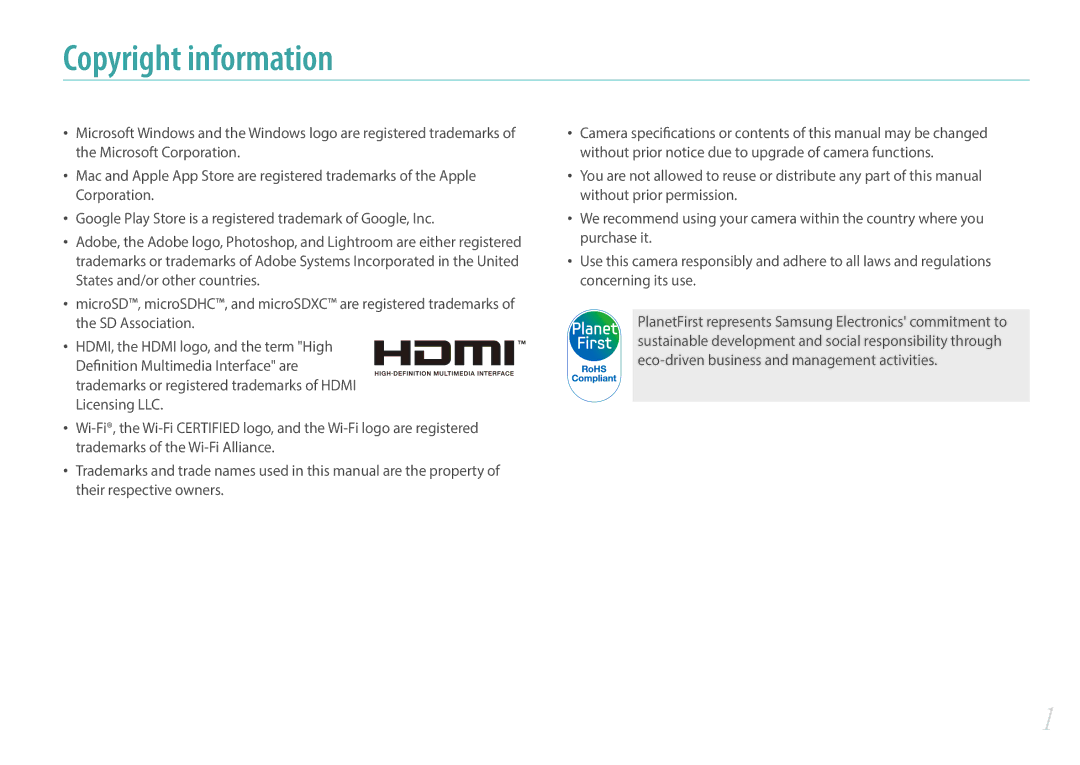 Samsung EV-NXF1ZZB1HFR, EV-NXF1ZZB1KFR, EV-NXF1ZZB2QFR, EV-NXF1ZZB2JDE, EV-NXF1ZZB1HDE, EV-NXF1ZZB3JDE Copyright information 