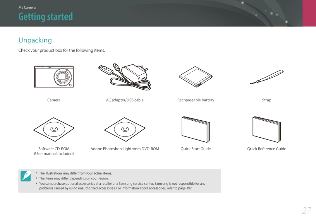 Samsung EV-NXF1ZZB2HIT, EV-NXF1ZZB1KFR manual Getting started, Unpacking, Check your product box for the following items 