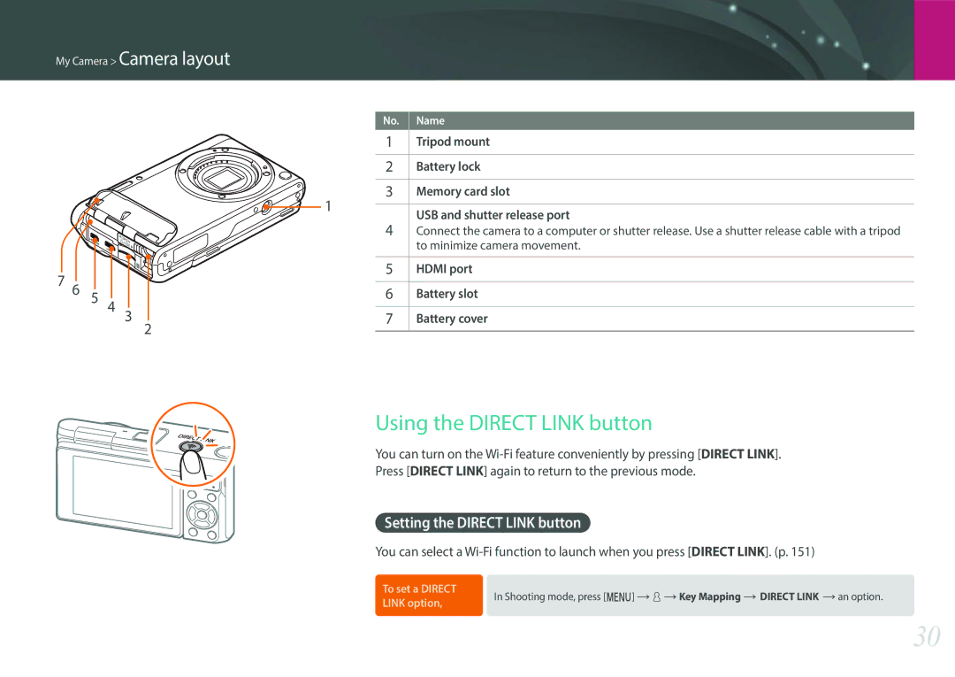 Samsung EV-NXF1ZZB1HES, EV-NXF1ZZB1KFR, EV-NXF1ZZB2QFR manual Using the Direct Link button, Setting the Direct Link button 