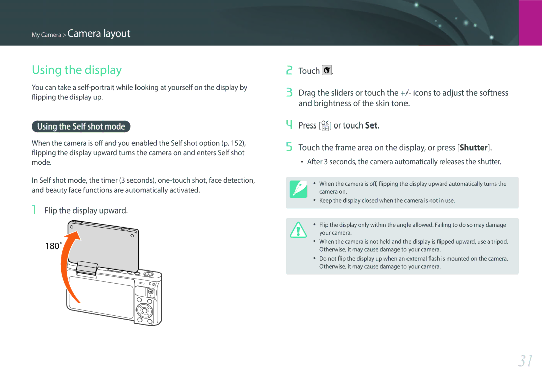 Samsung EV-NXF1ZZB1JES, EV-NXF1ZZB1KFR, EV-NXF1ZZB2QFR, EV-NXF1ZZB1HFR manual Using the display, Using the Self shot mode 