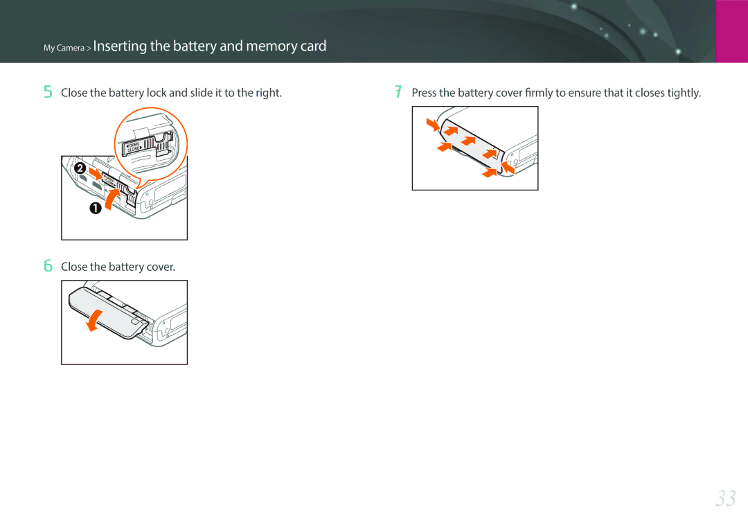 Samsung EV-NXF1ZZB3KSA, EV-NXF1ZZB1KFR manual Close the battery lock and slide it to the right, Close the battery cover 