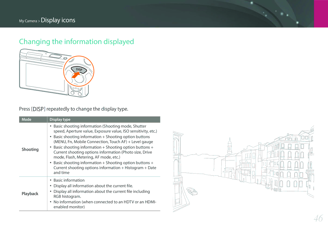 Samsung EV-NXF1ZZB1JJO manual Changing the information displayed, Press D repeatedly to change the display type, Shooting 