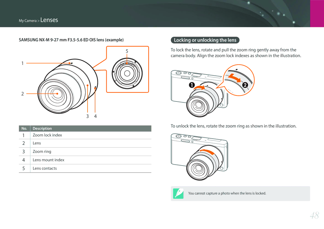 Samsung EV-NXF1ZZB1HM3, EV-NXF1ZZB1KFR, EV-NXF1ZZB2QFR, EV-NXF1ZZB1HFR, EV-NXF1ZZB2JDE manual Locking or unlocking the lens 