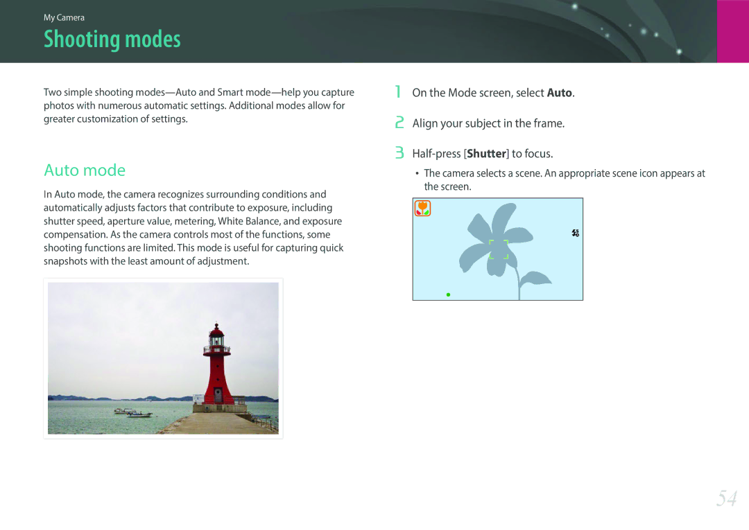 Samsung EV-NXF1ZZB2IWI, EV-NXF1ZZB1KFR, EV-NXF1ZZB2QFR, EV-NXF1ZZB1HFR, EV-NXF1ZZB2JDE manual Shooting modes, Auto mode 