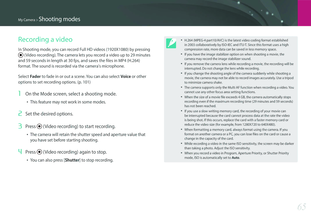 Samsung EV-NXF1ZZB3ISA Recording a video, On the Mode screen, select a shooting mode, Press Video recording again to stop 