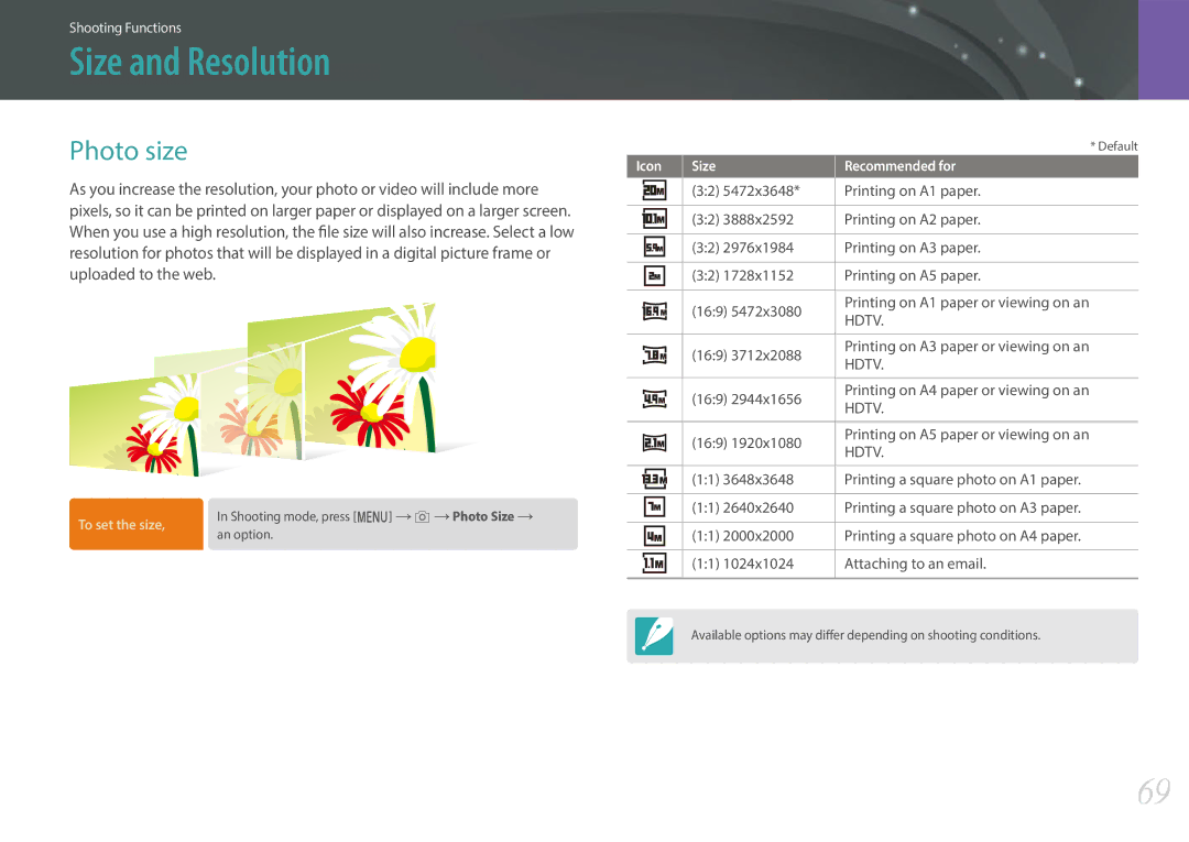 Samsung EV-NXF1ZZB1KSA, EV-NXF1ZZB1KFR, EV-NXF1ZZB2QFR, EV-NXF1ZZB1HFR, EV-NXF1ZZB2JDE manual Size and Resolution, Photo size 