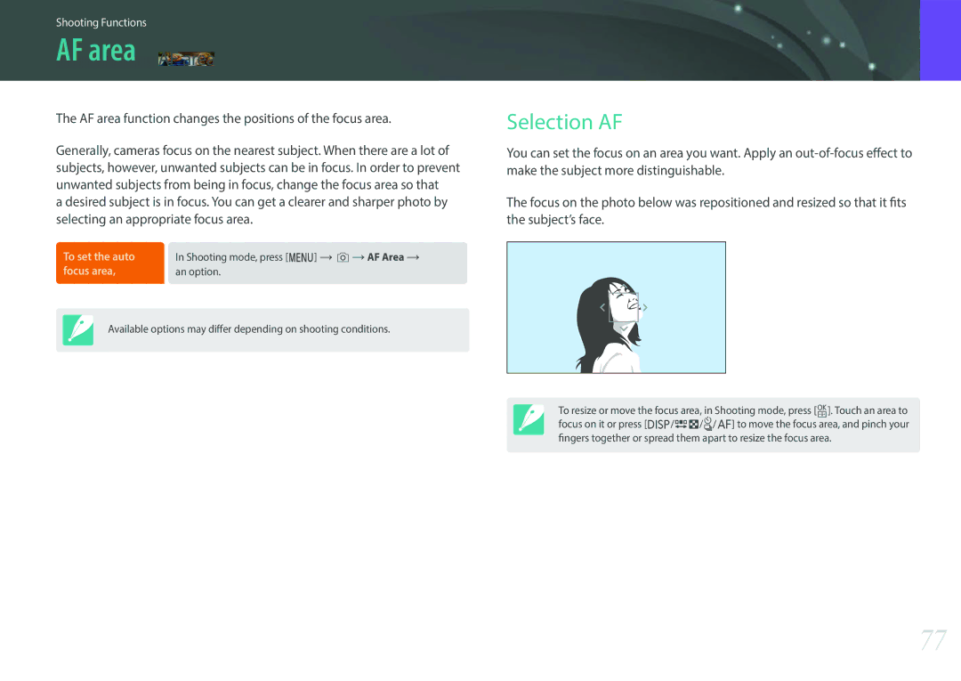 Samsung EV-NXF1ZZB1IDZ manual AF area AF area, Selection AF, AF area function changes the positions of the focus area 