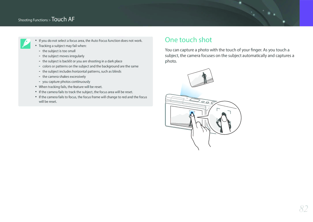 Samsung EV-NXF1ZZB1HRO, EV-NXF1ZZB1KFR, EV-NXF1ZZB2QFR, EV-NXF1ZZB1HFR manual One touch shot, Shooting Functions Touch AF 