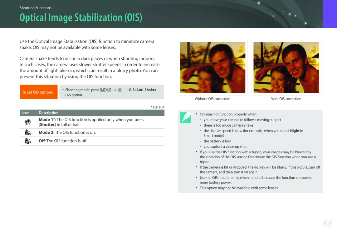 Samsung EV-NXF1ZZB1JRO, EV-NXF1ZZB1KFR, EV-NXF1ZZB2QFR, EV-NXF1ZZB1HFR, EV-NXF1ZZB2JDE manual Optical Image Stabilization OIS 