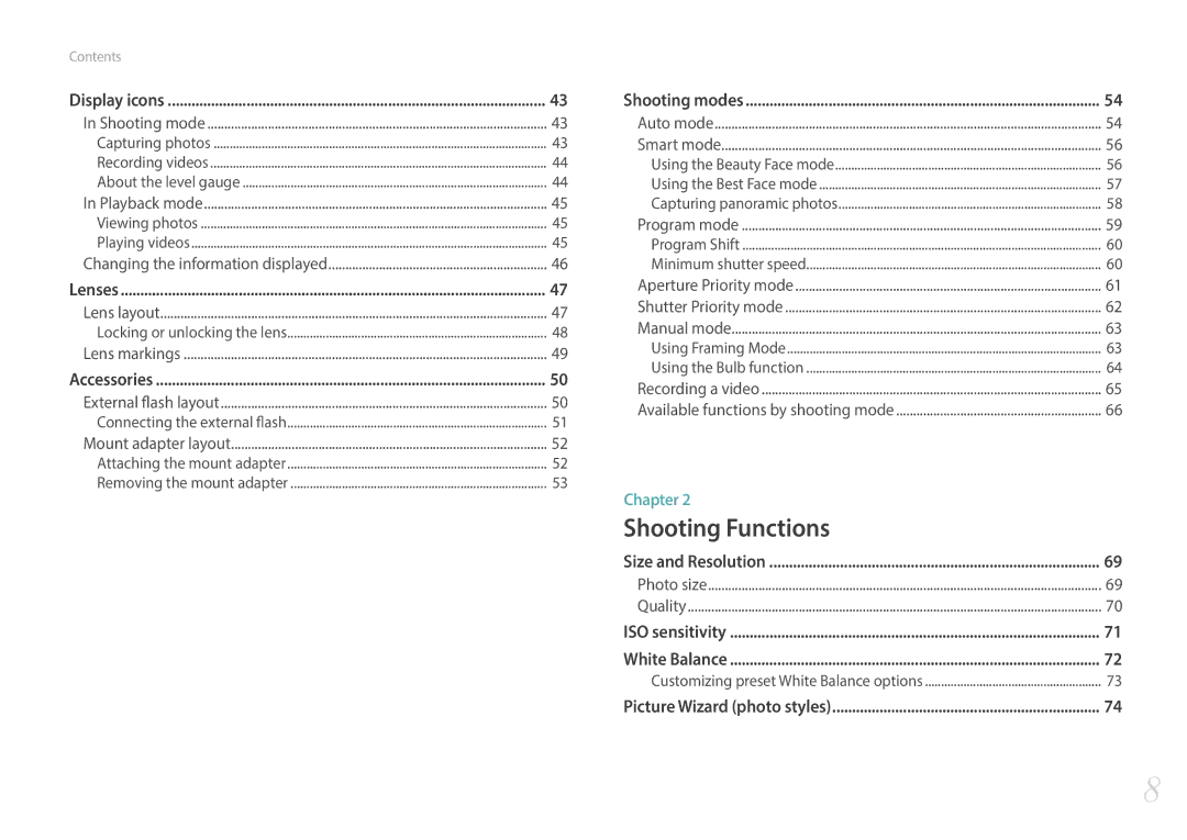 Samsung EV-NXF1ZZB2IDE, EV-NXF1ZZB1KFR, EV-NXF1ZZB2QFR, EV-NXF1ZZB1HFR, EV-NXF1ZZB2JDE, EV-NXF1ZZB1HDE manual Shooting Functions 