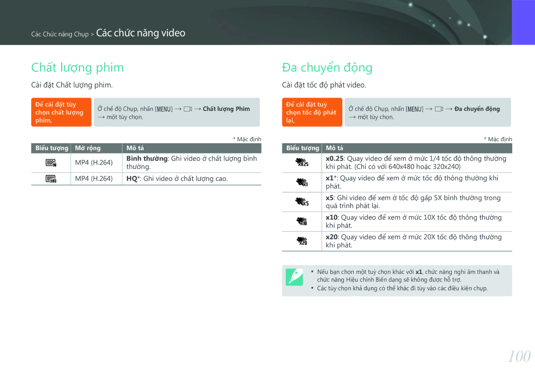 Samsung EV-NXF1ZZB1KVN manual 100, Đa chuyển động, Cài đặt Chất lượng phim, Cài đặt tốc độ phát video 