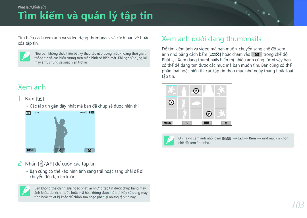 Samsung EV-NXF1ZZB1KVN manual Tìm kiếm và quản lý tập tin, 103, Xem ảnh dưới dạng thumbnails 