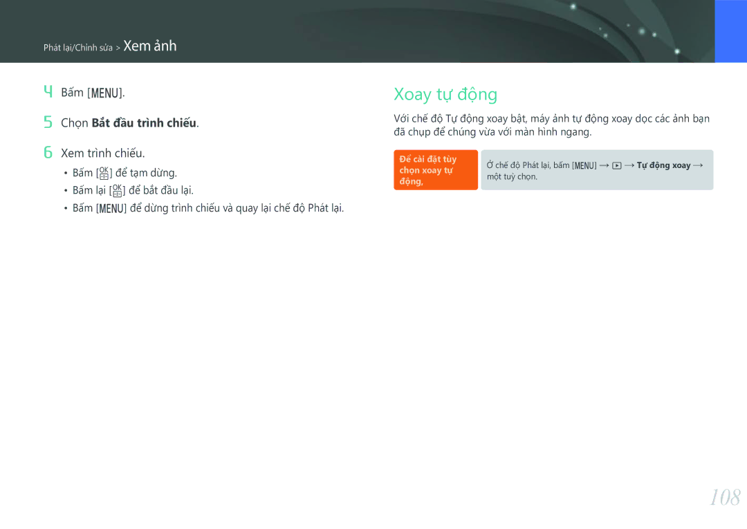 Samsung EV-NXF1ZZB1KVN manual 108, Xoay tự động, Bấm m, Xem trình chiếu 