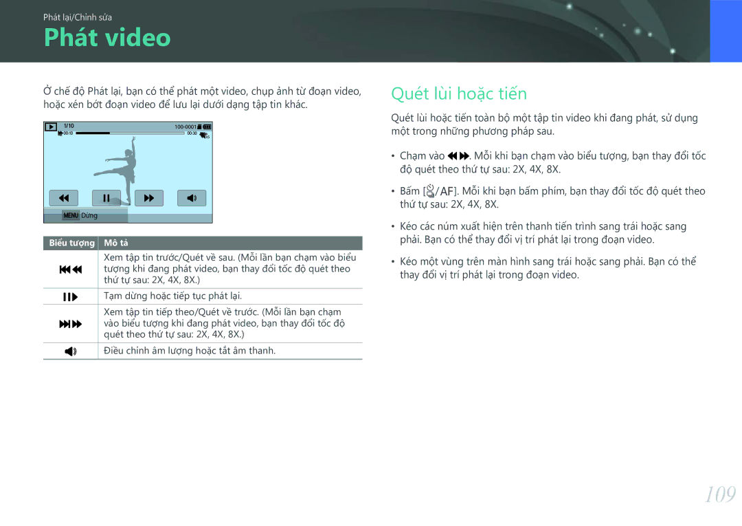 Samsung EV-NXF1ZZB1KVN manual Phát video, 109, Quét lùi hoặc tiến 