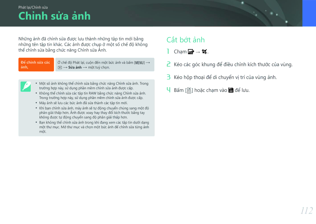 Samsung EV-NXF1ZZB1KVN manual Chỉnh sửa ảnh, 112, Cắt bớt ảnh 