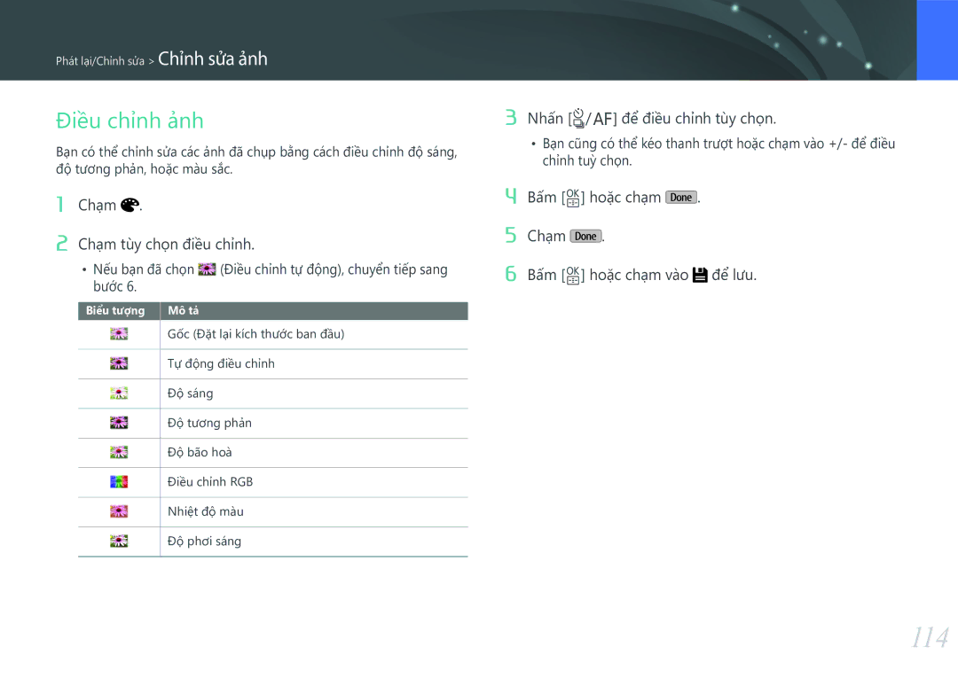 Samsung EV-NXF1ZZB1KVN manual 114, Điều chinh ảnh, Chạm Chạm tùy chọn điề̀u chỉnh, Nhấn C/F để điề̀u chỉnh tùy chọn 
