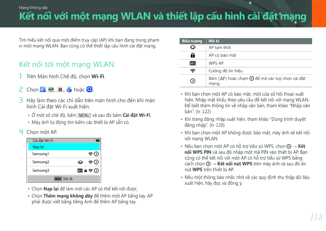 Samsung EV-NXF1ZZB1KVN manual 118, Kết nối tới một mạng Wlan, Chọn một AP 