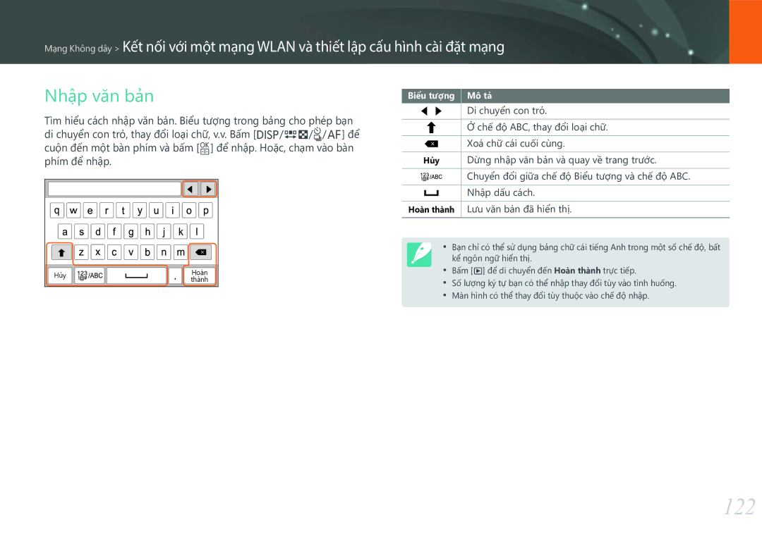 Samsung EV-NXF1ZZB1KVN manual 122, Nhập văn bản 