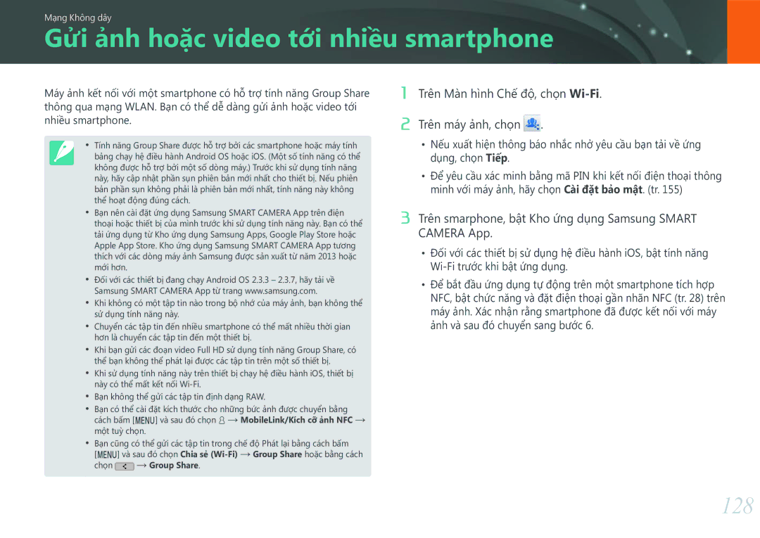 Samsung EV-NXF1ZZB1KVN manual Gửi ảnh hoặc video tới nhiều smartphone, 128 