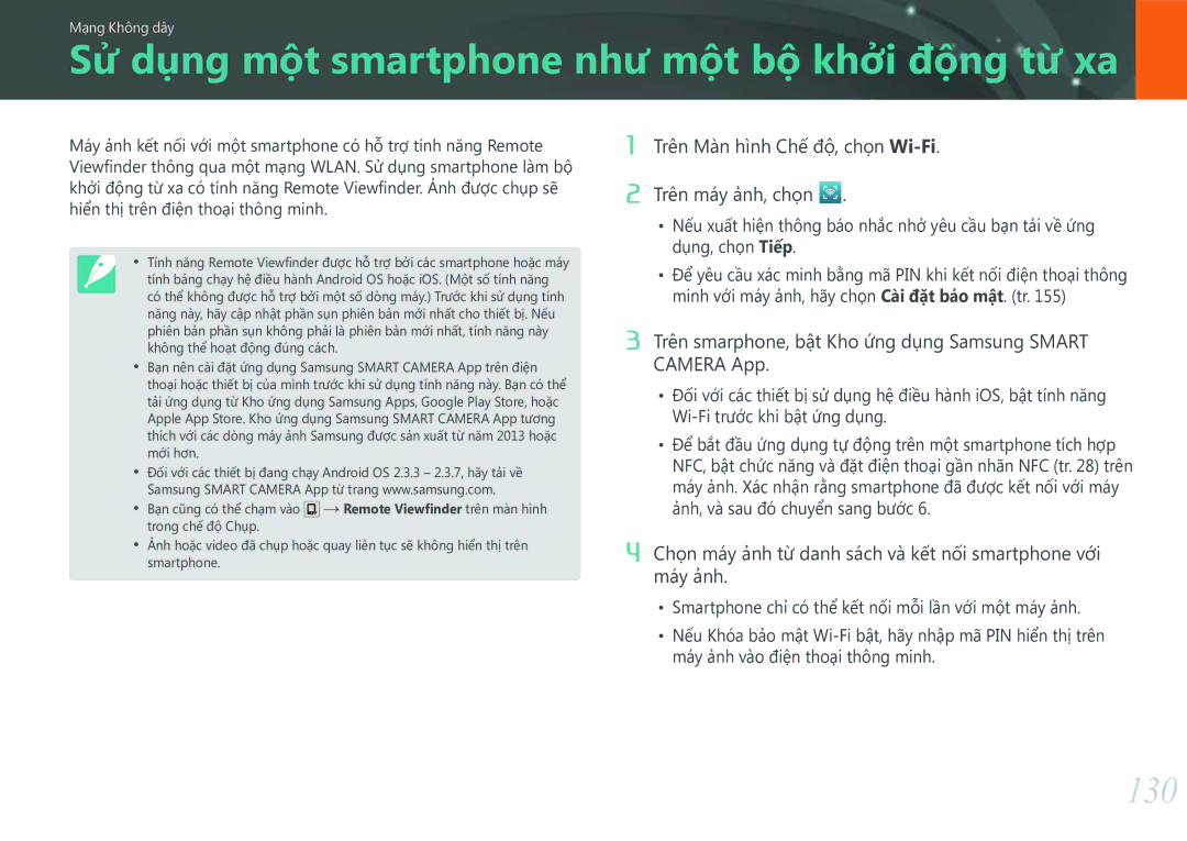 Samsung EV-NXF1ZZB1KVN manual Sử dụng một smartphone như một bộ khởi động từ xa, 130 