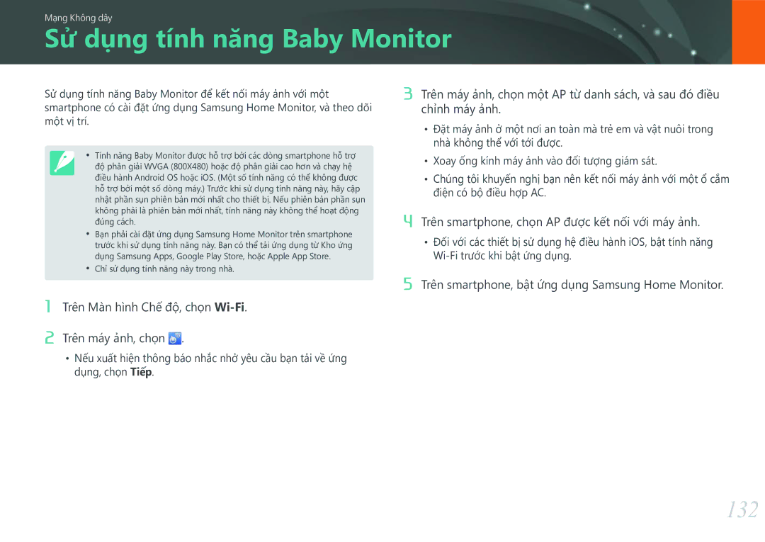 Samsung EV-NXF1ZZB1KVN manual Sử dụng tính năng Baby Monitor, 132, Trên smartphone, chọn AP được kết nối với máy ảnh 