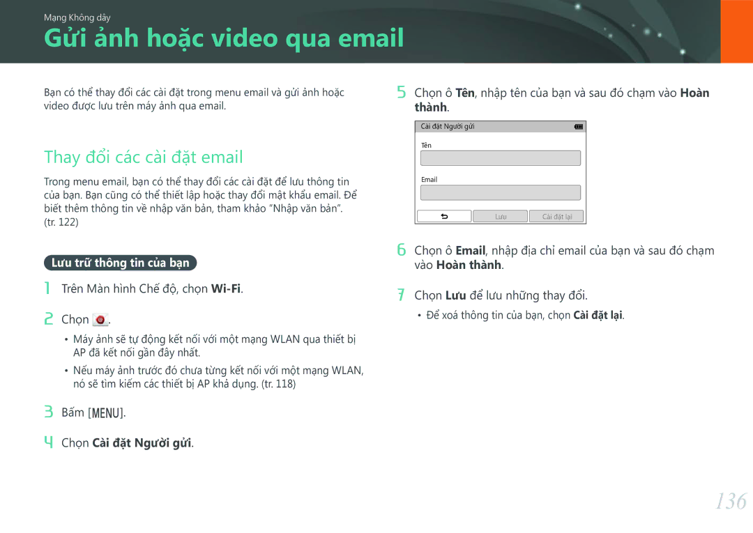 Samsung EV-NXF1ZZB1KVN manual Gửi ảnh hoặc video qua email, 136, Thay đổi các cài đặt email, Lưu trữ thông tin của bạn 