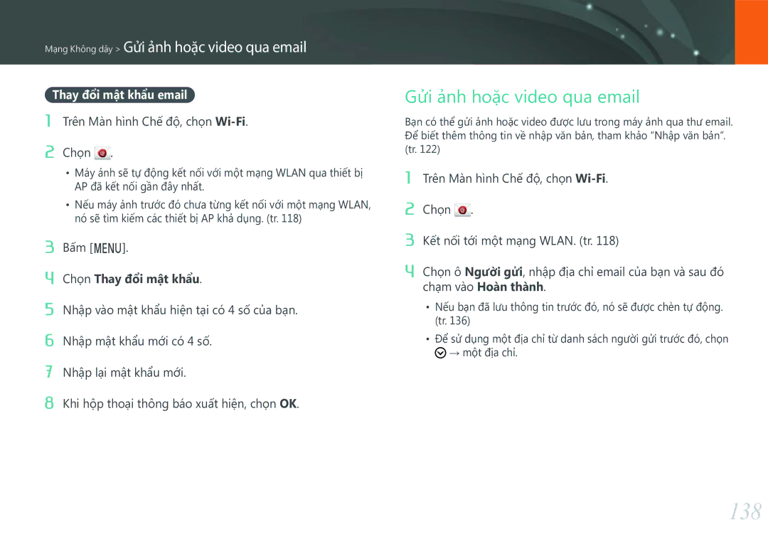 Samsung EV-NXF1ZZB1KVN manual 138, Gửi ảnh hoặc video qua email, Thay đổi mật khẩu email 