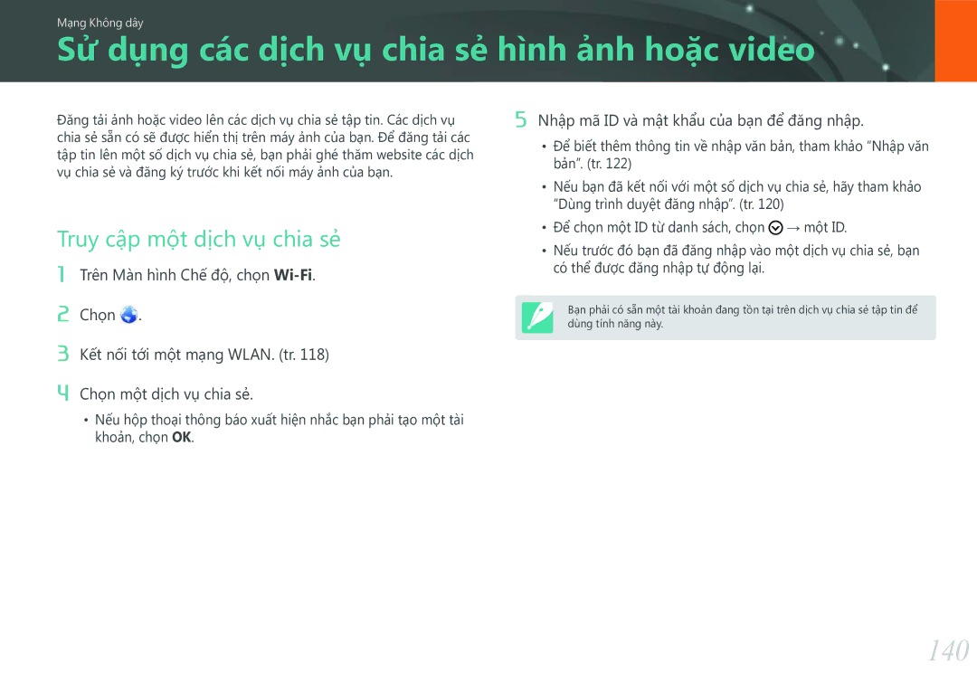 Samsung EV-NXF1ZZB1KVN manual Sử dụng các dịch vụ chia sẻ hình ảnh hoặc video, 140, Truy cập một dịch vụ chia sẻ 