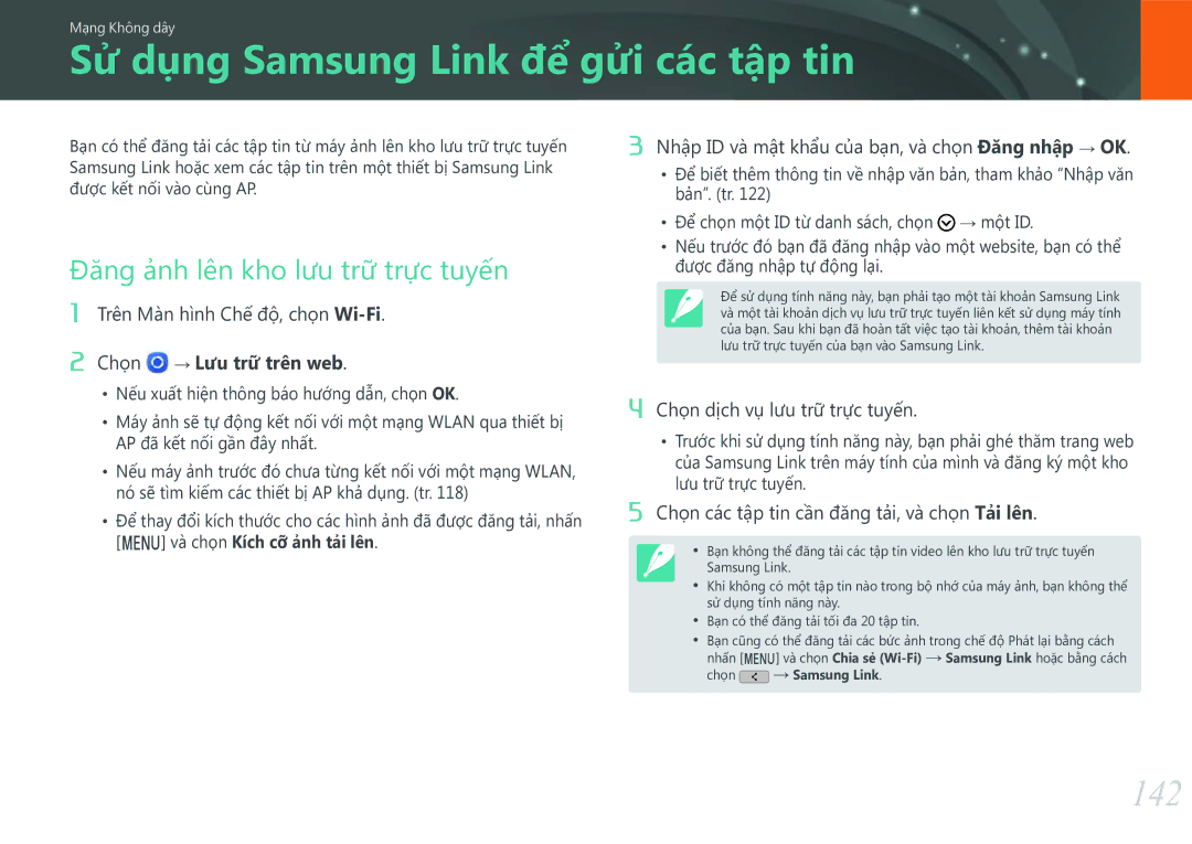 Samsung EV-NXF1ZZB1KVN manual Sử dụng Samsung Link để gửi các tập tin, 142, Đăng ảnh lên kho lưu trữ trực tuyến 