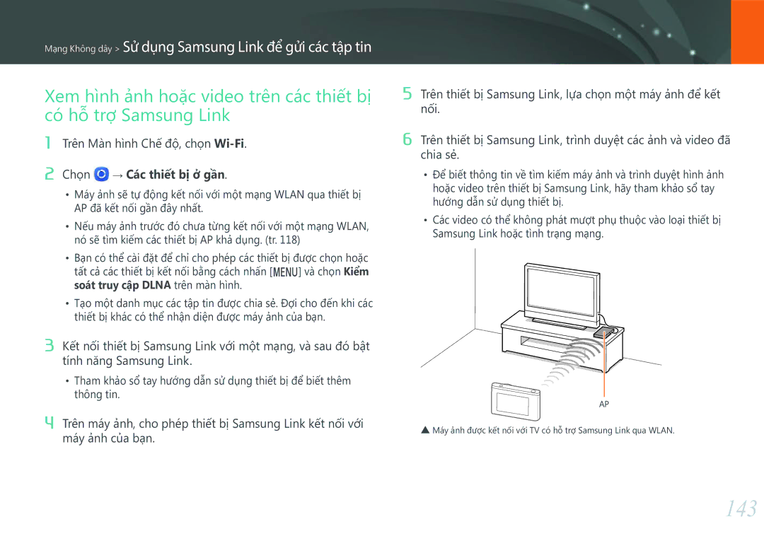 Samsung EV-NXF1ZZB1KVN manual 143, Mạng Không dây Sử dụng Samsung Link để gửi các tập tin 