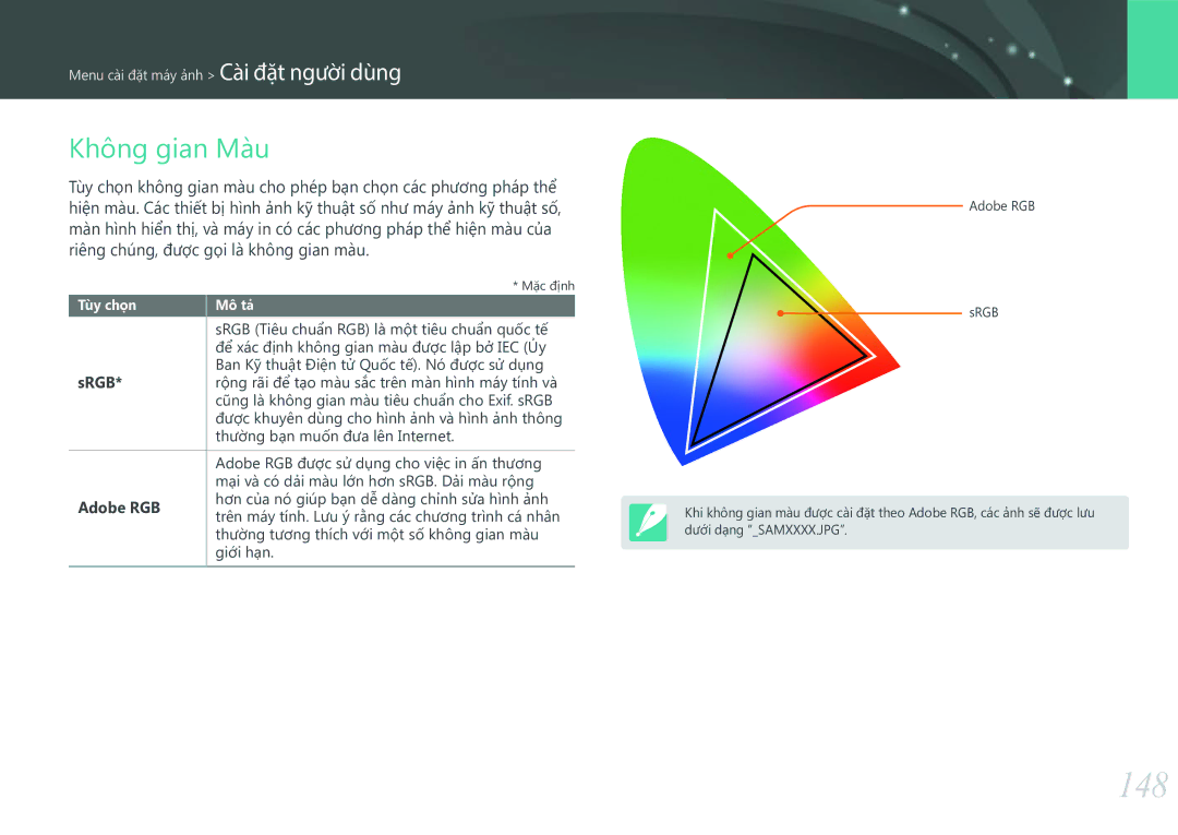 Samsung EV-NXF1ZZB1KVN manual 148, Không gian Màu, Srgb, Adobe RGB 