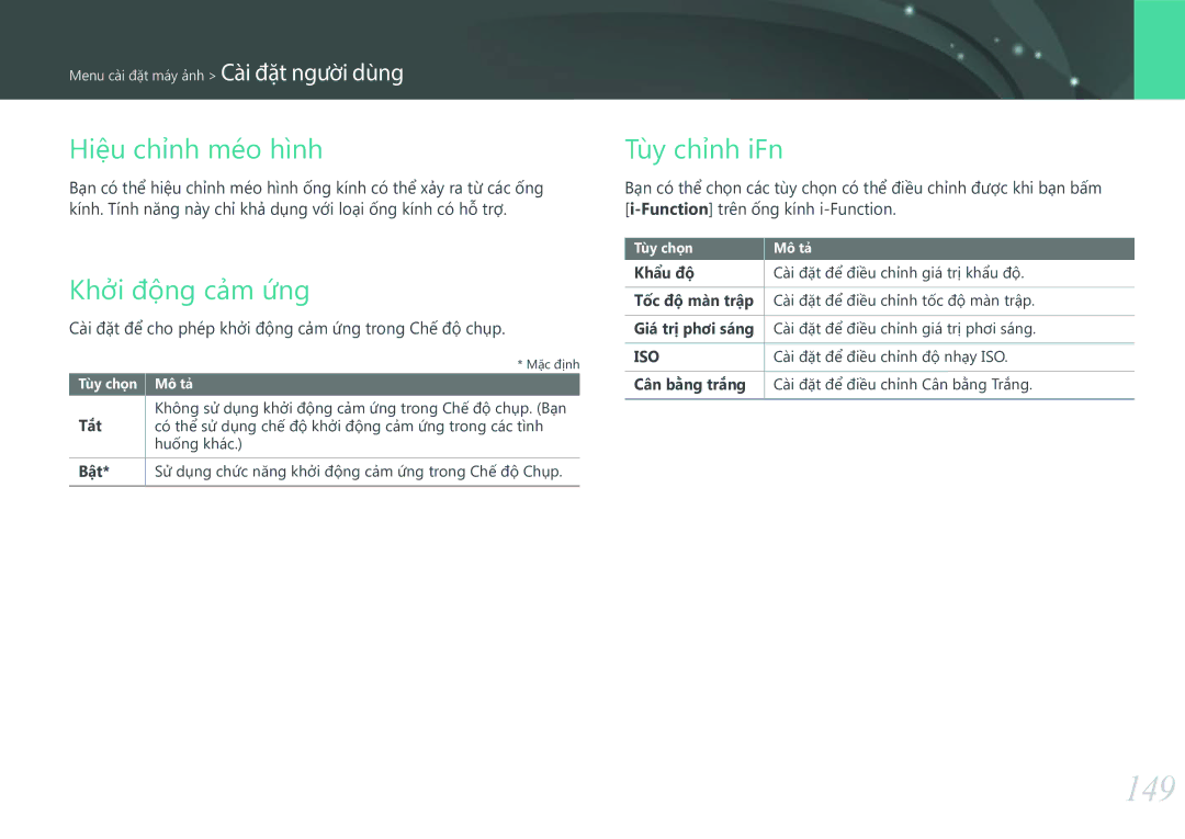 Samsung EV-NXF1ZZB1KVN manual 149, Hiệu chỉnh méo hình, Khởi động cảm ứng, Tùy chỉnh iFn 