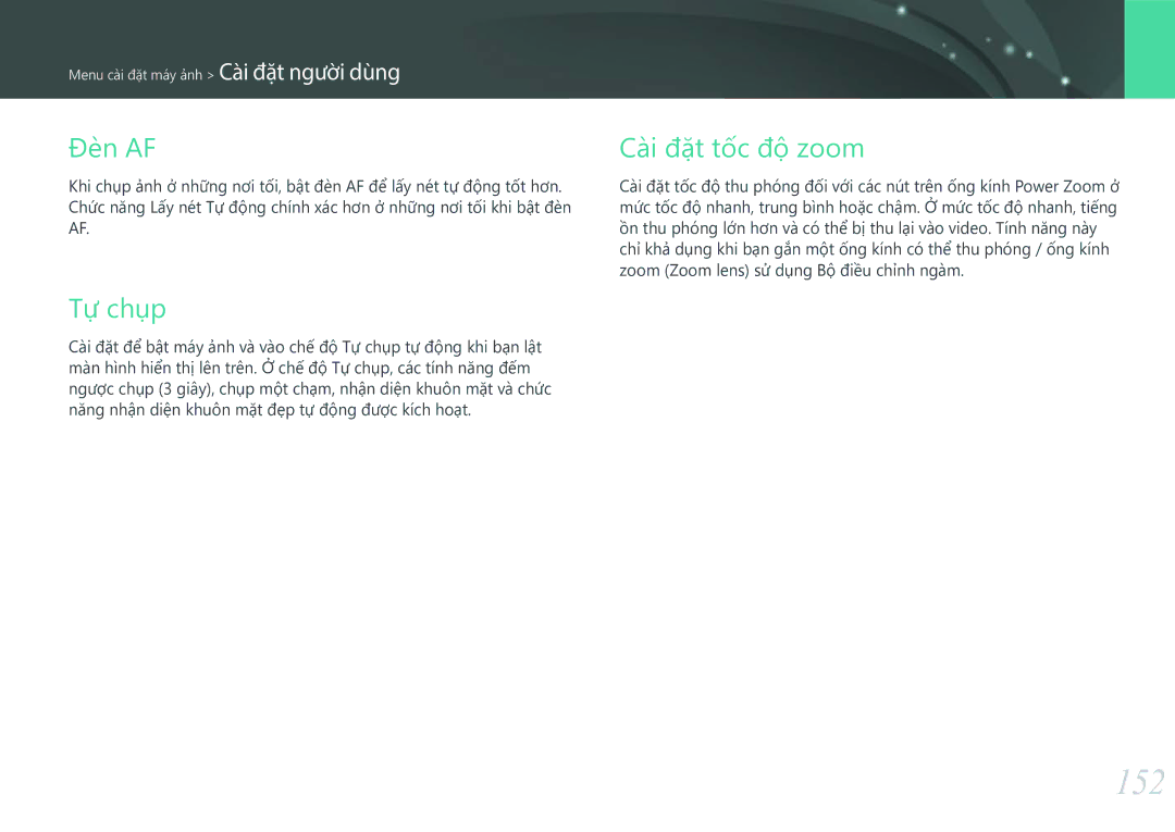 Samsung EV-NXF1ZZB1KVN manual 152, Đèn AF, Tự chụp, Cài đặt tốc độ zoom 