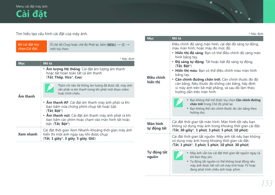 Samsung EV-NXF1ZZB1KVN manual Cài đặt, 153, Tìm hiểu tạo cấu hình cài đặt của máy ảnh 
