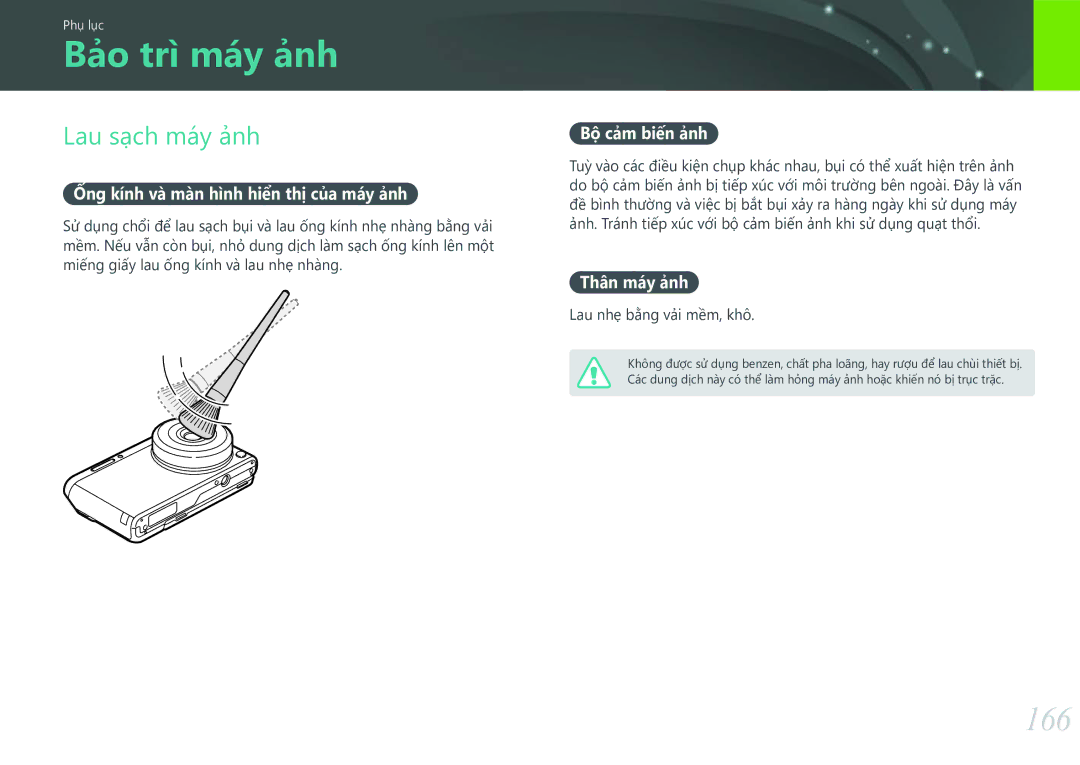 Samsung EV-NXF1ZZB1KVN manual Bảo trì máy ảnh, 166, Lau sạch máy ảnh 