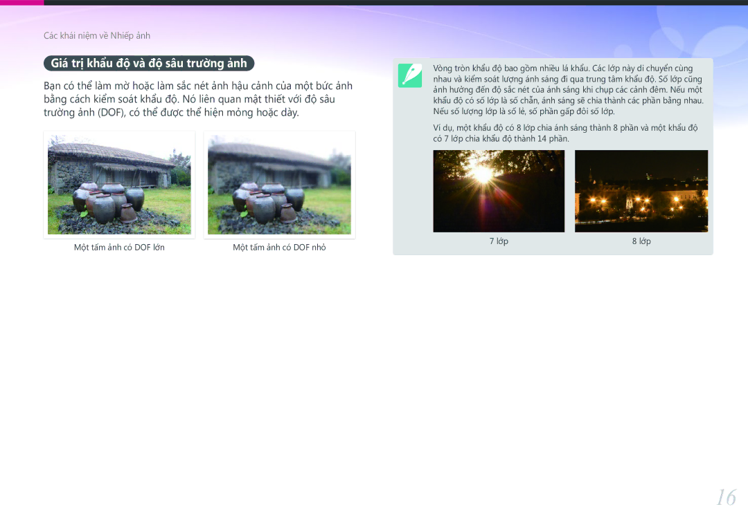 Samsung EV-NXF1ZZB1KVN manual Giá trị khẩu độ và độ sâu trường ảnh, Một tấm ảnh có DOF lớn 