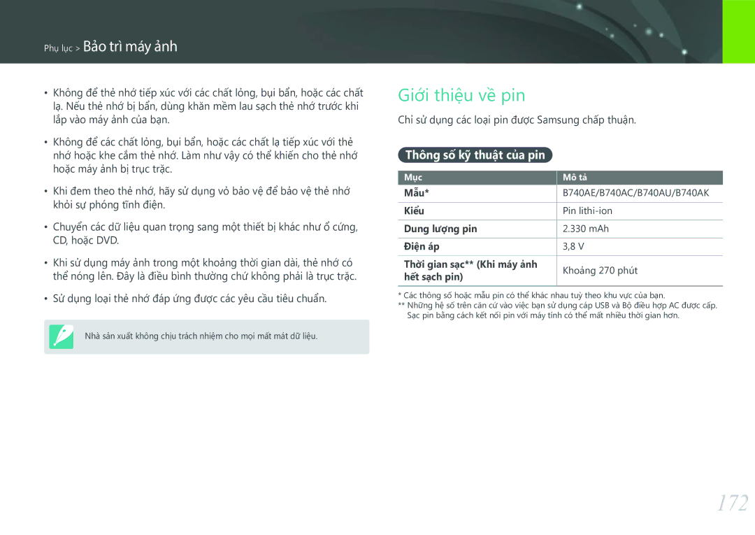 Samsung EV-NXF1ZZB1KVN manual 172, Giới thiệu về pin, Thông số kỹ thuật của pin 